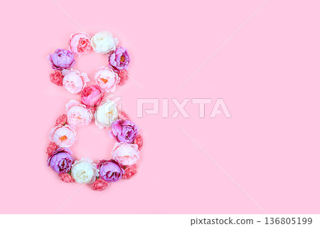 Floral arrangement with carnations on a pink background. Concept for Valentine's Day or Women's Day, Mother's Day, banner, greetings to your loved one on holiday, birthday, minimal modern design, sele Floral arrangement with carnations on a pink background. Concept for Valentine's Day or Women's Day, Mother's Day, banner, greetings to your loved one on holiday, birthday, minimal modern design, sele 136805199