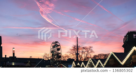 Ferris Wheel Silhouette at Sunset City Skyline Ferris Wheel Silhouette at Sunset City Skyline 136805302