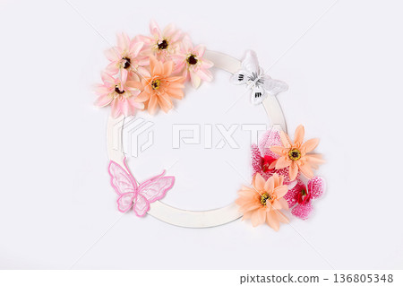 Abstract floral composition, beautiful orchids and lotuses on a light background with space for text, hello spring concept, template for design, still life with flowers, selective focus. Abstract floral composition, beautiful orchids and lotuses on a light background with space for text, hello spring concept, template for design, still life with flowers, selective focus. 136805348