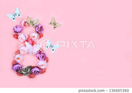 Floral number eight with butterflies on pink background.Concept for Valentine's Day or Women's Day, Mother's Day, banner, congratulations to your beloved on the holiday, birthday, minimal modern Floral number eight with butterflies on pink background.Concept for Valentine's Day or Women's Day, Mother's Day, banner, congratulations to your beloved on the holiday, birthday, minimal modern 136805360