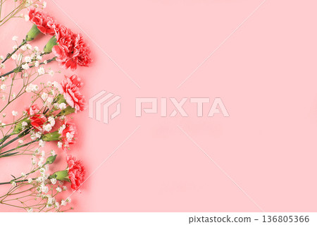 Abstract floral composition, spring background. Carnations on pink background, minimal holiday concept. Postcard for womens day or mothers day, happy birthday, wedding, banner for the screen, Abstract floral composition, spring background. Carnations on pink background, minimal holiday concept. Postcard for womens day or mothers day, happy birthday, wedding, banner for the screen, 136805366