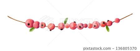 Watercolor garland with dried red berries isolated on white. Hand drawn hawthorn on a string in cute naive style for fall designs. Watercolor garland with dried red berries isolated on white. Hand drawn hawthorn on a string in cute naive style for fall designs. 136805370