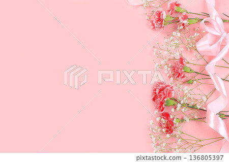 Abstract floral composition, spring background. Carnations on pink background, minimal holiday concept. Postcard for womens day or mothers day, happy birthday, wedding, banner for the screen, Abstract floral composition, spring background. Carnations on pink background, minimal holiday concept. Postcard for womens day or mothers day, happy birthday, wedding, banner for the screen, 136805397