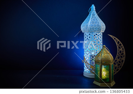 Islamic lanterns and crescent moon for ramadan celebration 136805433
