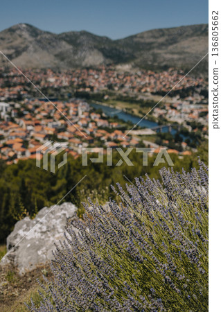 Amazing view of Trebinje city from the hill in a sunny day. Travel destination in Bosnia and Herzegovina. 136805662