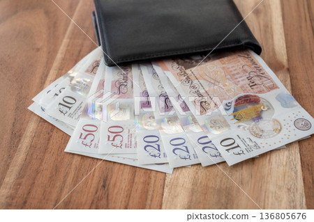 Black leather partmone with british pound money on the wood table. United Kindom bills in leather wallet for commerce concept. Black leather partmone with british pound money on the wood table. United Kindom bills in leather wallet for commerce concept. 136805676