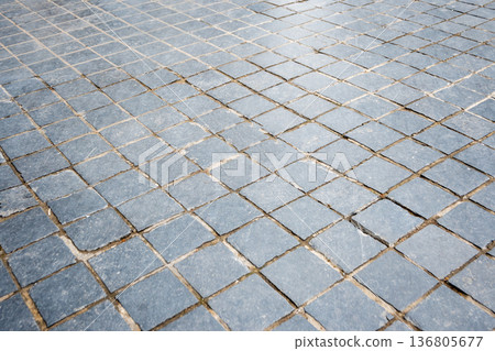 Gray brick wall background. Stone blocks surface with horizontal texture of square brick.  136805677