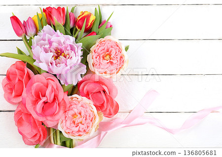 Abstract floral composition, still life, spring background or banner, beautiful flowers and butterflies with space for text, holiday concept. Card for Mother's Day, Women's Day, Happy Birthday, 136805681