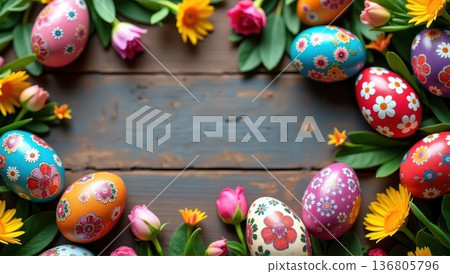 Colorful Hand-Painted Easter Eggs with Floral Patterns on Rustic Wooden Background with Copy Space for Text Colorful Hand-Painted Easter Eggs with Floral Patterns on Rustic Wooden Background with Copy Space for Text 136805796