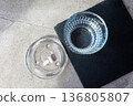 Pill and glass with water on the stone table. Healthcare from pharmacy. Person sit at home because of illness. 136805807
