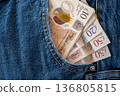 Jeans with british pound money. United Kindom bills in the pants pocket for commerce concept. 136805815