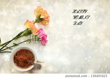 Beautiful flowers and butterflies on a light background.Abstract floral composition, still life, spring background or banner, holiday concept. Card for Mother's Day, Women's Day, Happy Birthday, 136805825