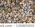 Yellow wood chips background. Playground natural  flor. Decoration for exterior. 136805850