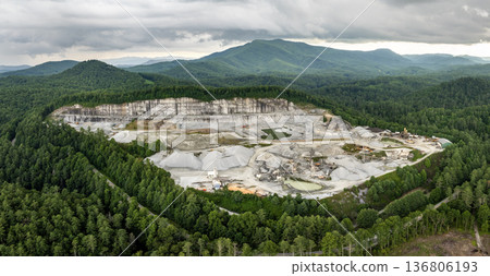 Aerial view of open pit mining site of limestone materials extraction for construction industry 136806193