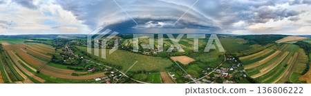 Landscape of dark clouds forming on stormy sky during thunderstorm over rural area. Landscape of dark clouds forming on stormy sky during thunderstorm over rural area. 136806222