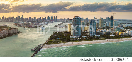 Aerial view of large cruise liner departing from Miami port. Travel to Florida vacation concept 136806225