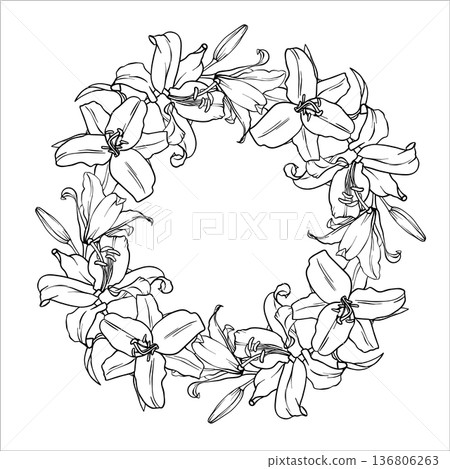 Lilies Wreath. Frame of Lilies. Round Flower Frame painted by black inks. Floral sketch in outline style. Vector monochrome illustration with line art flowers. Graphics element outline of Flower EPS10 Lilies Wreath. Frame of Lilies. Round Flower Frame painted by black inks. Floral sketch in outline style. Vector monochrome illustration with line art flowers. Graphics element outline of Flower EPS10 136806263