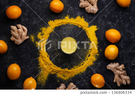 curcuma cocktail decorated with Curcuma powder with ripe lemons and gingers at black table. flat lay. Healthy concept curcuma cocktail decorated with Curcuma powder with ripe lemons and gingers at black table. flat lay. Healthy concept 136806334