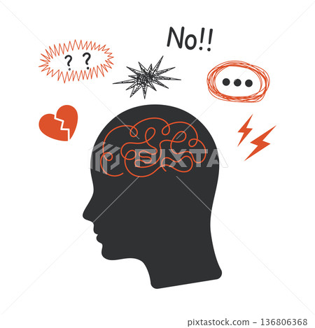 Mental health concept. Human head silhouette with tangled brain line and emotional icons stress anxiety confusion mental health concept modern flat illustration psychology overthinking idea Mental health concept. Human head silhouette with tangled brain line and emotional icons stress anxiety confusion mental health concept modern flat illustration psychology overthinking idea 136806368
