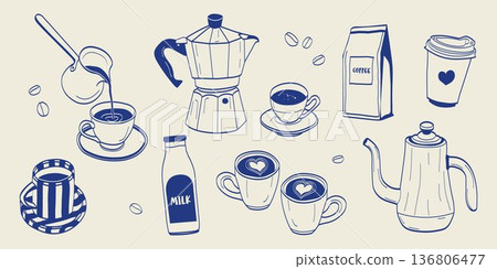 Hand drawn coffee set doodle illustration with cups, moka pot, kettle and beans. Mediterranean cafe style line art, minimal vector elements for menu, packaging, stickers, branding and kitchen design Hand drawn coffee set doodle illustration with cups, moka pot, kettle and beans. Mediterranean cafe style line art, minimal vector elements for menu, packaging, stickers, branding and kitchen design 136806477