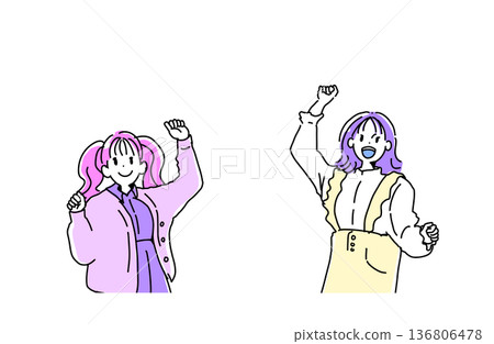 Illustration of a pair of young women celebrating with a fist pump. Cheering and success. Hand-drawn vector material. Illustration of a pair of young women celebrating with a fist pump. Cheering and success. Hand-drawn vector material. 136806478