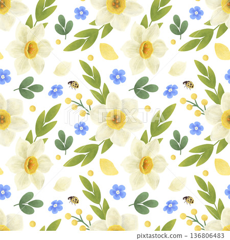 Seamless pattern with spring flowers: daffodil, forget-me-not, twigs, leaves, ladybug. Watercolor, pastel. yellow, blue, green. In a flat style. Seamless pattern with spring flowers: daffodil, forget-me-not, twigs, leaves, ladybug. Watercolor, pastel. yellow, blue, green. In a flat style. 136806483