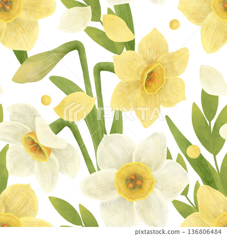 Seamless pattern with spring flowers: yellow daffodils, green twigs, leaves. Watercolor, pastel. In a flat style. For prints, textiles, wallpapers Seamless pattern with spring flowers: yellow daffodils, green twigs, leaves. Watercolor, pastel. In a flat style. For prints, textiles, wallpapers 136806484