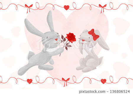 Cute bunnies, rabbits with a rose and hearts. Postcard with characters in pastel colors. Watercolor, pastel. A cartoon illustration in a flat style Cute bunnies, rabbits with a rose and hearts. Postcard with characters in pastel colors. Watercolor, pastel. A cartoon illustration in a flat style 136806524