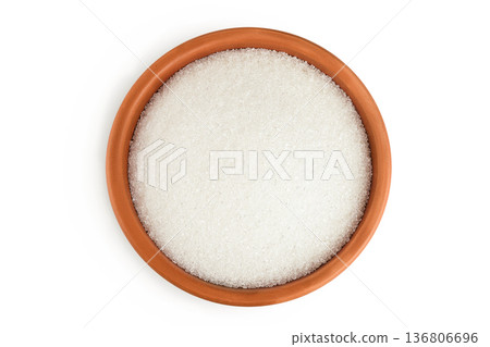 White sugar in ceramic bowl isolated on white background. Top view. Flat lay White sugar in ceramic bowl isolated on white background. Top view. Flat lay 136806696