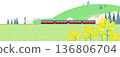 Illustration of a local train running through a rapeseed flower field and spring mountains 136806704