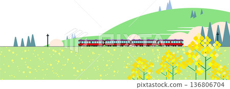 Illustration of a local train running through a rapeseed flower field and spring mountains 136806704