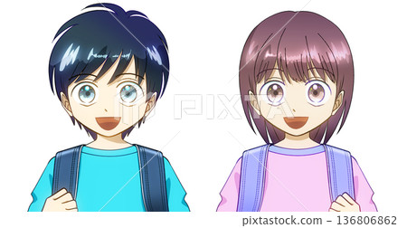 Anime-style illustration of elementary school boys and girls carrying school bags Anime-style illustration of elementary school boys and girls carrying school bags 136806862