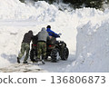 Three men push an ATV through a narrow path carved in deep snowbanks 136806873