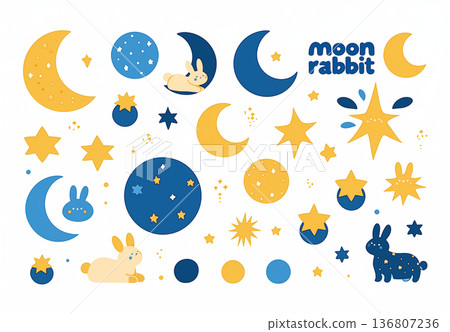 一幅可愛的插圖，描繪了一隻可愛的小兔子睡在新月上，周圍環繞著星星和雲朵。 136807236
