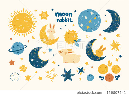 一幅可愛的插圖，描繪了一隻可愛的小兔子睡在新月上，周圍環繞著星星和雲朵。 136807241