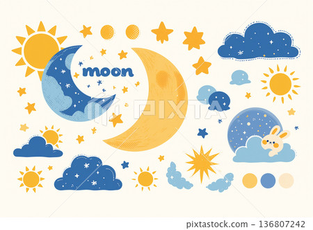 一幅可愛的插圖，描繪了一隻可愛的小兔子睡在新月上，周圍環繞著星星和雲朵。 136807242