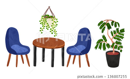 桌椅和常青項鍊水彩手繪插圖 136807255