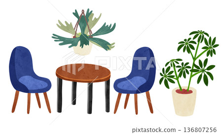 桌椅、鵝掌柴和鹿角蕨水彩手繪插圖 136807256