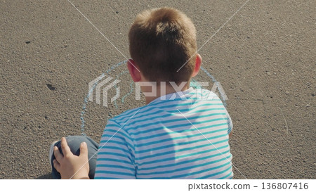 Clean planet Earth, boy child draws chalk asphalt, Kid child baby boy, Eco awareness from youth, creative world learning, outdoor play with message, chalked life lesson, small act big meaning, vibrant Clean planet Earth, boy child draws chalk asphalt, Kid child baby boy, Eco awareness from youth, creative world learning, outdoor play with message, chalked life lesson, small act big meaning, vibrant 136807416