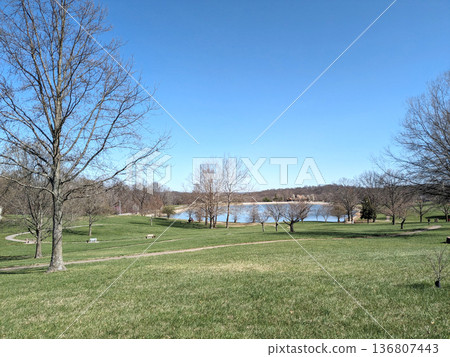 Spring landscape with a park with a wide lawn and a pond | Natural background material with blue sky 136807443