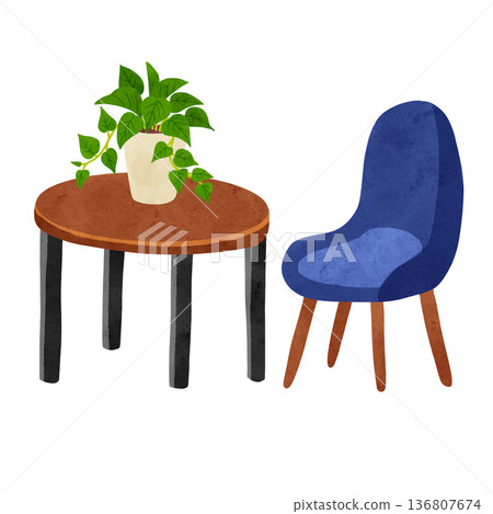 Table chair and pothos watercolor hand-drawn illustration 136807674