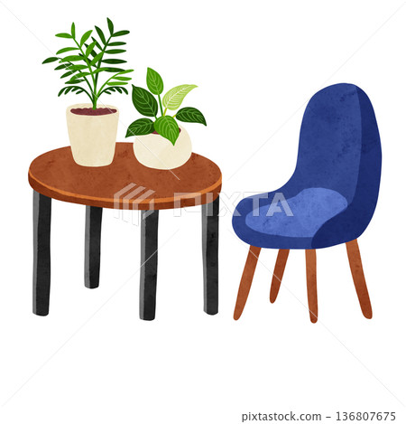 桌椅和桌棕櫚（findendron）。水彩手繪插圖。 136807675