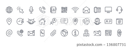 Contact line icon set. Phone email info stroke symbol vector. Outline address location clock news Contact line icon set. Phone email info stroke symbol vector. Outline address location clock news 136807731