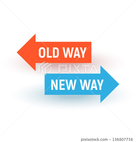 Concept with Arrows Representing Old Way and New Way in Green and Orange 136807738