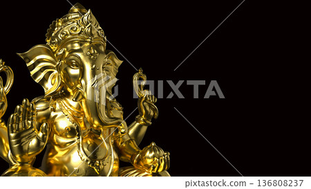 Golden Ganesha Statue on Dark Background 3d render. 136808237