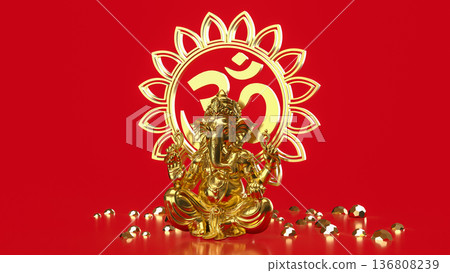 Golden Ganesha with Om Symbol on Red 3d render. 136808239
