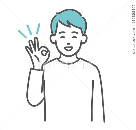 圖解：一位年輕男子麵帶微笑，做出「OK」手勢（表示贊同，上半身）。 136808305