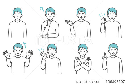 Young man's facial expression and pose illustration set (upper body, 8 types) Young man's facial expression and pose illustration set (upper body, 8 types) 136808307