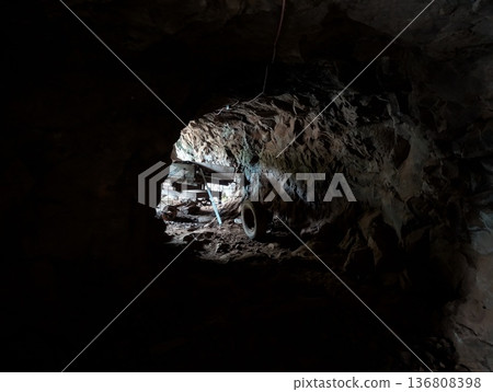 Misiones, Argentina - June 23, 2025: Minera Vanda or the Vanda Mines in Misiones, Argentina. Equipment in the tunnel 136808398