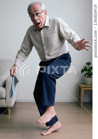 Senior man trying to put on socks while standing on one leg 136808419